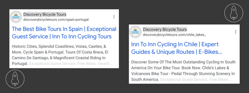 2 examples of Google Ads by Discovery Bicycle Tours that highlight their unique selling points in the headlines